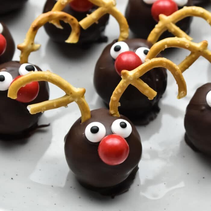 Chocolate Peppermint Reindeer Cake Balls on a gray plate