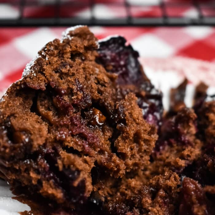 Double Chocolate Cherry Muffins cut in half