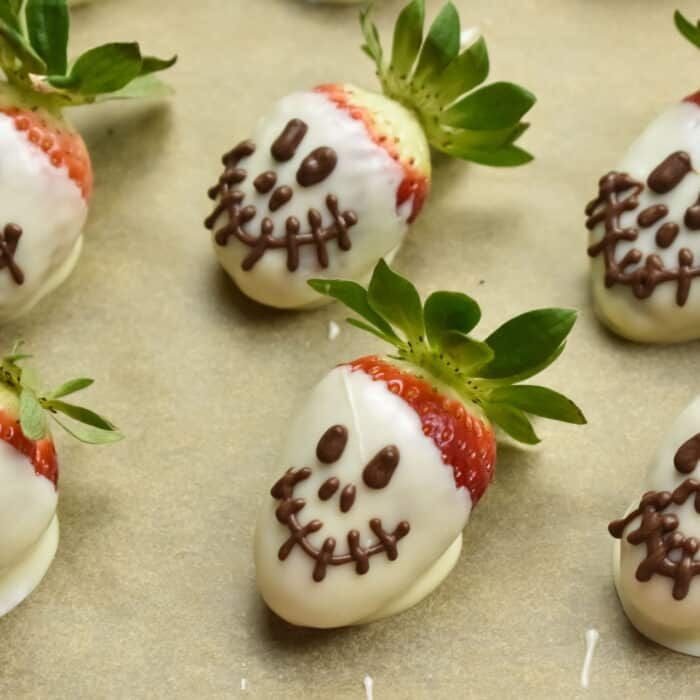 Halloween Strawberry White Chocolate Skulls on a baking tray